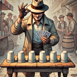 DALL·E 2024 10 03 16.03.33 A scene depicting a character performing a street game of bonneteau three card monte using three cups globets. The character stands behind a tab